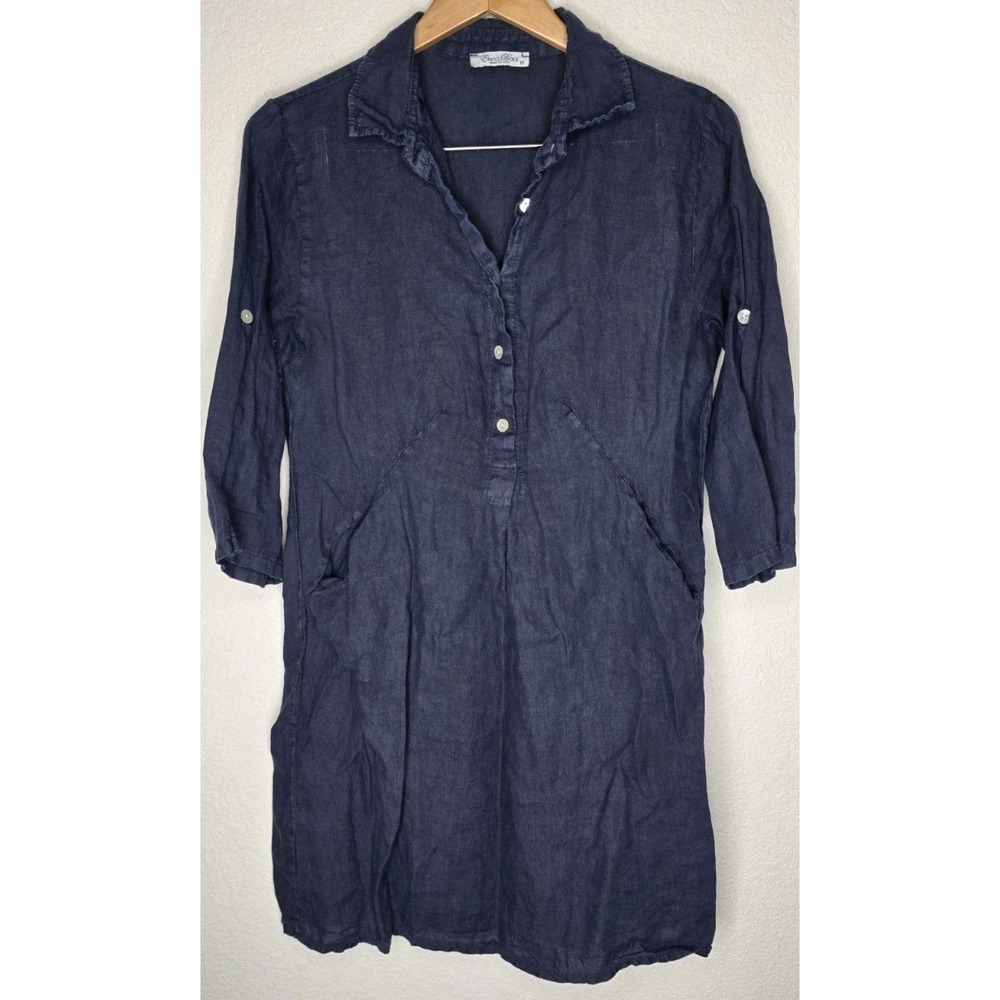 Elena Baldi Linen Shirt Dress Sz M Italy Made Lagenlook Roll Tab Cottage Boho